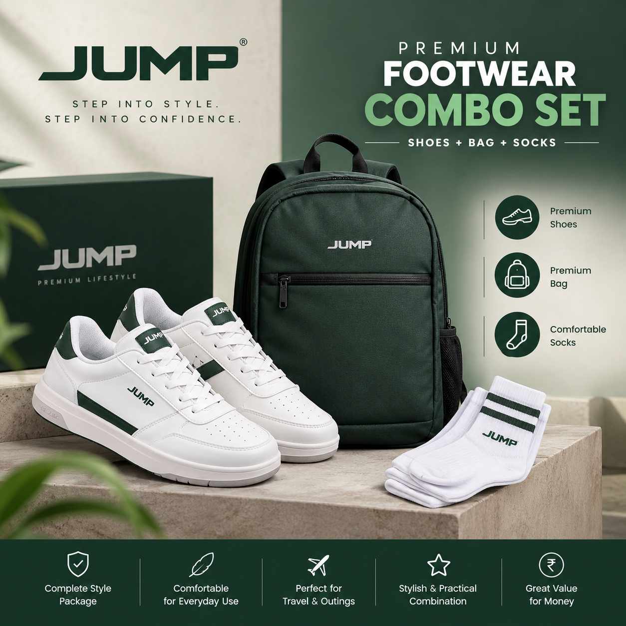 JUMP Premium Footwear Combo – Shoes + Bag + Socks